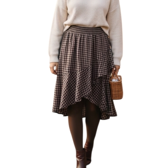 Dresses & Skirts - Gingham Black Brown Ruffle Asymmetrical Midi Skirt